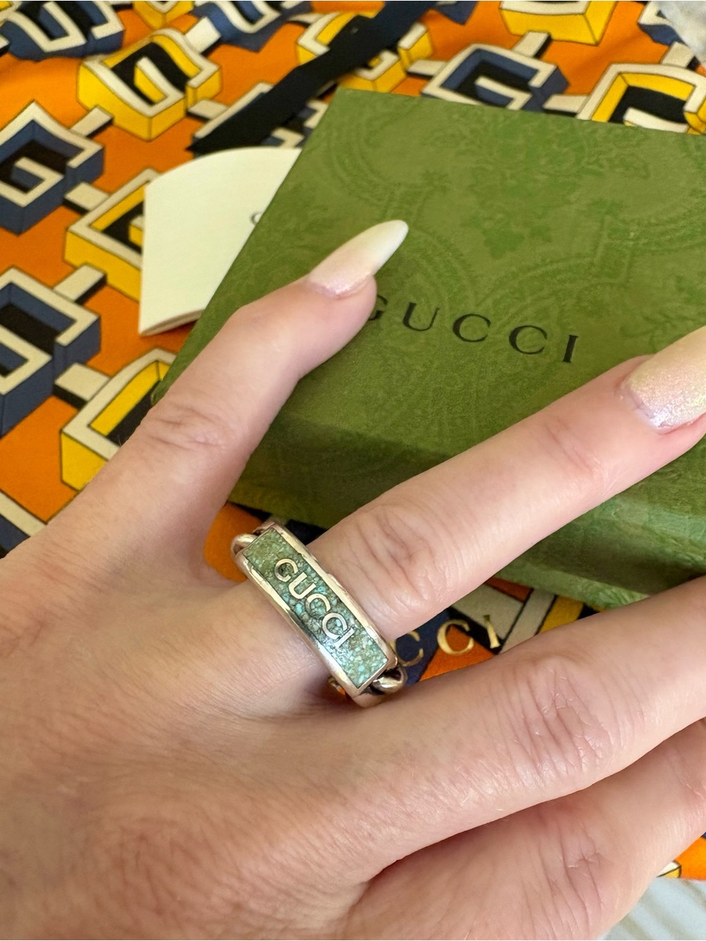 AUTHENTIC GUCCI Plate Ring RARE SET Teal 925 Silver Sz 9 Turquoise Green Inlay